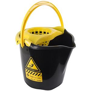 Hega Hogar 1x Huishoudemmers Met Dweil Houder 13,5 Liter Zwart/geel Caution 32 X 30 Cm - Emmers