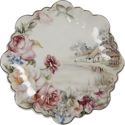 Clayre & Eef Servies Ontbijtbord Ø 19*2 Cm Wit Porselein Rond Bloemen Eetbord Gebaksbordje Meerkleurig Eetbord