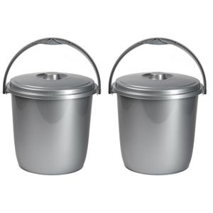 Forte Plastics 2x Schoonmaakemmers/vuilnisemmers 15 Liter Zilver - Emmers