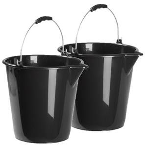 Forte Plastics 2x Stuks Kunststof Emmers Met Schenktuit Zwart 12 Liter - Emmers