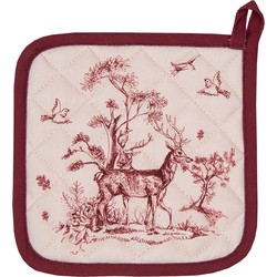 Clayre & Eef Pannenlap 20*20 Cm Wit Roze Katoen Vierkant Rendier Afgiet Pannenlap Afgiethulp Wit Afgiet Pannenlap