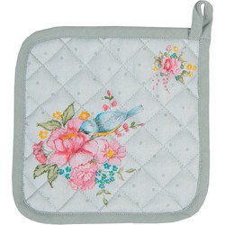 Clayre & Eef Pannenlap 20*20 Cm Groen Katoen Bloemen Afgiet Pannenlap Afgiethulp Groen Afgiet Pannenlap Afgiethulp