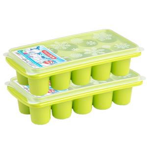 Forte Plastics 2x stuks Trays met dikke grote ronde blokken van 6.5 cm ijsblokjes/ijsklontjes vormpjes 10 vakjes kunststof groen met deksel