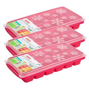 Forte Plastics 3x stuks Trays met ijsblokjes/ijsklontjes vormpjes 12 vakjes kunststof roze met afsluitdeksel