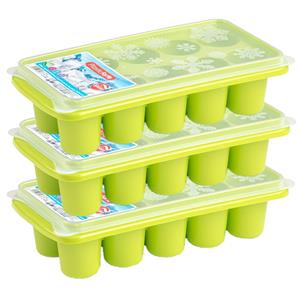 Forte Plastics 3x stuks Trays met dikke grote ronde blokken van 6.5 cm ijsblokjes/ijsklontjes vormpjes 10 vakjes kunststof groen met deksel