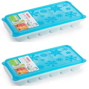 Forte Plastics 2x stuks Trays met ijsblokjes/ijsklontjes vormpjes 12 vakjes kunststof wit met blauwe afsluitdeksel