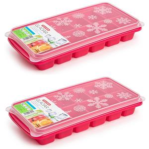 Forte Plastics 2x stuks Trays met ijsblokjes/ijsklontjes vormpjes 12 vakjes kunststof roze met afsluitdeksel