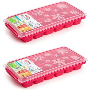 Forte Plastics 2x stuks Trays met ijsblokjes/ijsklontjes vormpjes 12 vakjes kunststof roze met afsluitdeksel