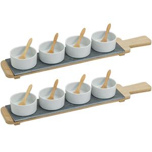 8x Snackschaaltjes/sausschaaltjes Wit Porselein Rond 7 Cm Op Serveerplank nack En Tapasschalen