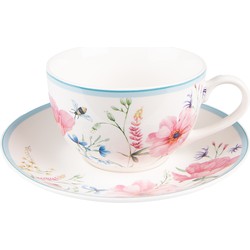 Clayre & Eef Kop En Schotel 230 Ml Wit Roze Porselein Bloemen Servies Cadeau Voor Haar Cappuccino Wit Servies Cadeau