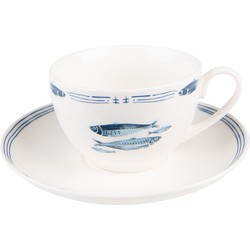 Clayre & Eef Kop En Schotel 250 Ml Wit Porselein Vissen Servies Cadeau Voor Haar Cappuccino Wit Servies Cadeau Voor