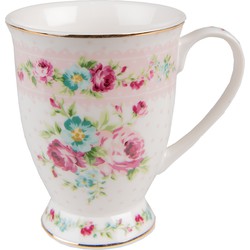 Clayre & Eef Mok 296 Ml Wit Roze Porselein Bloemen Theemok Koffiemok Beker Wit Theemok Koffiemok