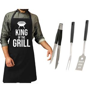 Trendoz Bbq/barbecue Gereedschap Set 3-delig Rvs Met Zwart Schort King Of The Grill - Barbecuegereedschapset