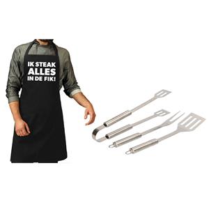 Trendoz Barbecue/bbq Gereedschap 3-delige Set 33 Cm Van Rvs Met Zwart Schort Ik Steak Alles In De Fik! - Barbecuegereedschapset