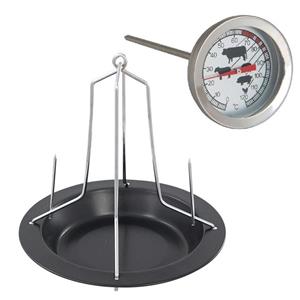 Trendoz Stalen kippenspit/kiphouder met schotel zwart 20 x 18 cm met vleesthermometer -