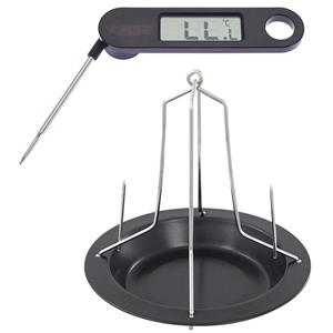 Trendoz Stalen kippenspit/kiphouder met schotel zwart 20 x 18 cm met vleesthermometer -