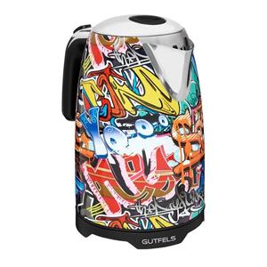 Gutfels Wasserkocher WATER 3010 G, 2200 W, Graffiti-Style, 1,7 Liter, 2200 Watt, 360 Grad Sockel, Wasserstandsanzeige, Überhitzungs-und Trockengehschutz, integrierter Filter, beleuchteter Schalte