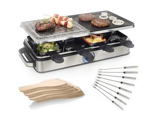 Princess Raclette, 5in1 Tischgrill eckig für 2-8 Personen, Raclet Gerät mit Grill- & Steinplatte & 8 Teppangabeln, Steingrill