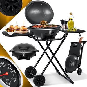 KESSER Elektro-Standgrill, Elektrischer Tischgrill 2in1 Standgrill mit Deckel und Fu&szlig; max 2400 Watt faltbar Thermometer Antihaftbeschichtung Grillplatte Abstelltische 2 R&auml;der schwarz