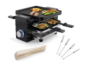 Princess Raclette, Kleiner Design Tischgrill für 2-4 Personen, Parkdeck gegen angebrannte Pfännchen mit 4 Teppanyaki Gabeln