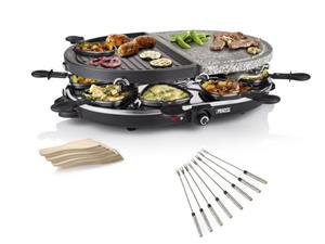 Princess Raclette, 8 Raclettepfännchen, 1200 W, Moderner Tischgrill oval für 2-8 Personen, Raclet Gerät Grill- & Steinplatte & Teppanyaki Gabeln Steingrill