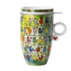 Goebel Teetasse mit Deckel und Sieb James Rizzi - Birds on a Love Wire bunt