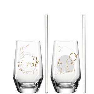 Leonardo Presente Longdrinkglas met rietje lachen/enjoy 2 stuks