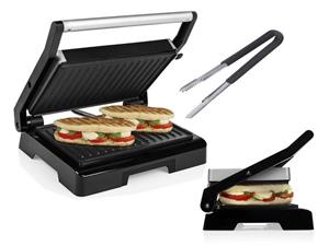 Tristar Kontaktgrill, 1000 W, Elektro Kontaktgrill mit Grillzange Low fat Indoorgrill Panini Multigrill Snackmaker Tischgrill 1000Watt