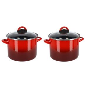 Shoppartners Set Van 2x Stuks Rvs Rode Kookpan/pan Met Glazen Deksel 22 Cm 9 Liter - Kookpannen