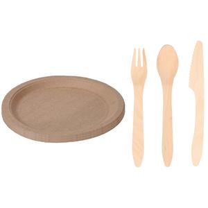 Houten verjaardag bestek voor 24x personen set en 30x Duurzame papieren taart/hapjes bordjes 23 cm -
