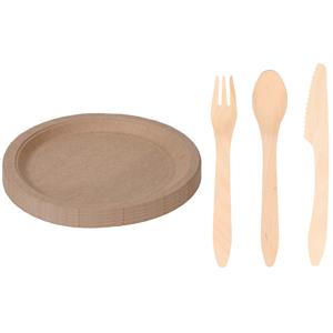 Houten verjaardag bestek voor 48x personen set en 50x Duurzame papieren taart/hapjes bordjes 23 cm -