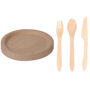 Houten verjaardag bestek voor 60x personen set en 60x Duurzame papieren taart/hapjes bordjes 23 cm -