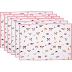 Clayre & Eef Placemats Set van 6 48x33 cm Beige Roze Katoen Vlinders Tafelmat