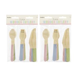 Houten bbq/verjaardag bestek setje pastel kleuren 36-delig - vorken/messen/lepels - Feestbestek