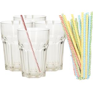 Set Van 4x Longdrink Glazen En 25x Duurzame Papieren Rietjes - 360 Ml - Drinkglazen