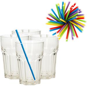 Set Van 4x Longdrink Glazen En 100x Duurzame Papieren Rietjes - 360 Ml - Drinkglazen