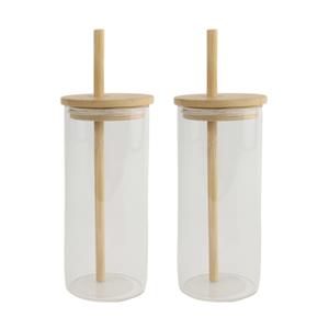 Orange85 Drinkglazen et Bamboo Deksel En Rietje - 2 Stuks - 400 Ml - Waterglazen