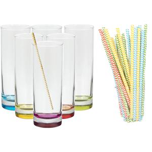 Set Van 6x Longdrinkglazen En 25x Duurzame Rietjes Papier - 310 Ml ongdrinkglazen