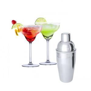 Alpina Set van 4x Margarita cocktailglazen met cocktailshaker RVS - 250 ml - Cocktails drinken - Cocktails - Cocktailglazen