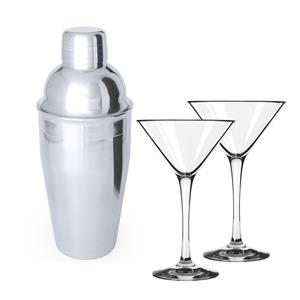 4x Cocktailglazen / martiniglazen 260 ml van glas + Cocktailshaker semi-matte 550 ml RVS - 8,5 x 21 cm - Mix/shake bekers - Cocktailglazen