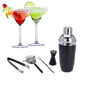 Alpina Set van 4x Margarita cocktailglazen met zwarte 5-delige cocktailshaker set RVS - 250 ml - Cocktails drinken - Cocktails - Cocktailglazen