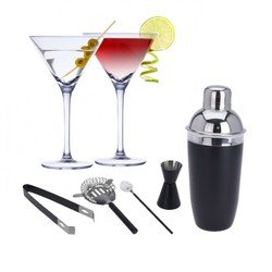 Alpina Set van 4x Martini cocktailglazen met zwarte 5-delige cocktailshaker set RVS - 220 ml - Cocktails drinken - Cocktails - Cocktailglazen