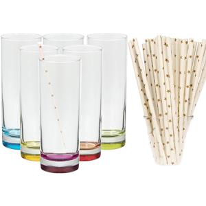 Set Van 6x Longdrinkglazen En 100x Duurzame Rietjes Papier - 310 Ml ongdrinkglazen