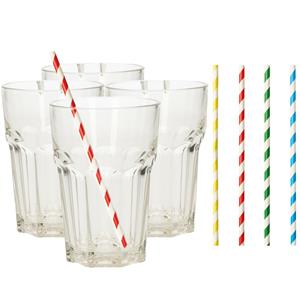 Set Van 4x Longdrink Glazen En 100x Duurzame Papieren Rietjes - 360 Ml - Drinkglazen