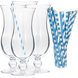 Secret de Gourmet Cocktail Set Van 4x Cocktail Glazen En 100x Rietjes - 440 Ml - Blauw - Drinkglazen