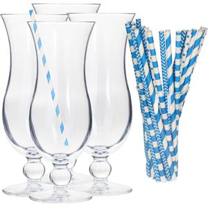 Secret de Gourmet Cocktail Set Van 4x Cocktail Glazen En 100x Rietjes - 440 Ml - Blauw - Drinkglazen