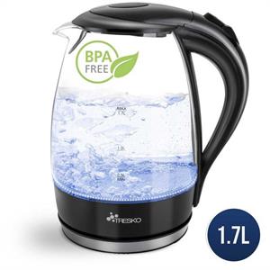 TRESKO Wasserkocher 1,7 l 2200 W Glas Wasserkocher LED-Beleuchtung / BPA -frei, 1,7 l, 2200 W, / 360° Edelstahl Sockel / Abschaltautomatik / Filter