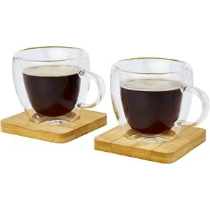 Season Deco Dubbelwandige Koffieglazen/theeglazen 100 Ml et Van 2x Stuks et Bamboe Onderzetters - Koffie- En Theeglazen