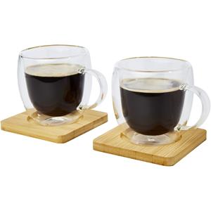 Season Deco Dubbelwandige Koffieglazen/theeglazen 250 Ml et Van 2x Stuks et Bamboe Onderzetters - Koffie- En Theeglazen