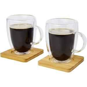 Season Deco Dubbelwandige Koffieglazen/theeglazen 350 Ml et Van 2x Stuks et Bamboe Onderzetters - Koffie- En Theeglazen